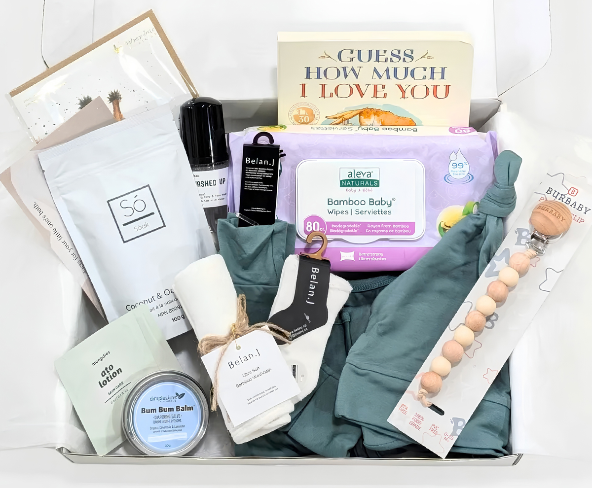 Active Baby newborn gift box in leafy green, packed with baby essentials