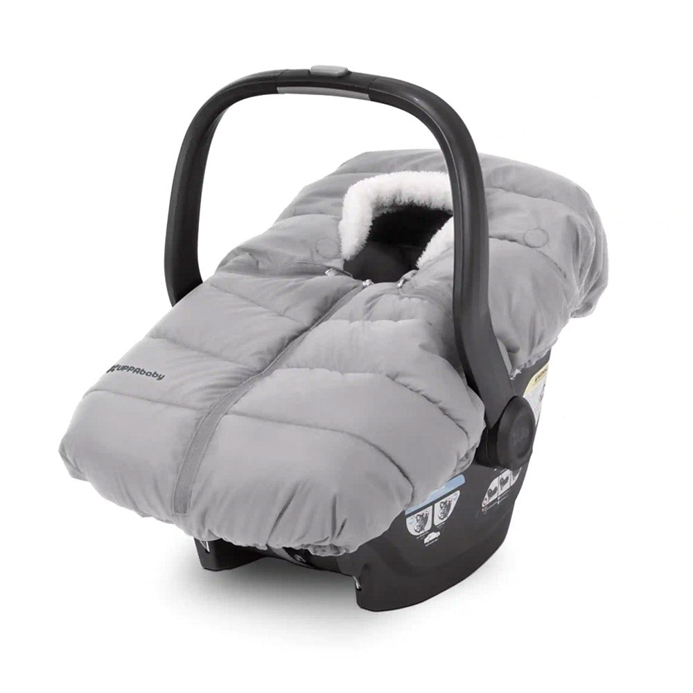 UPPAbaby Mesa infant car seat with a grey CozyGanoosh winter cover