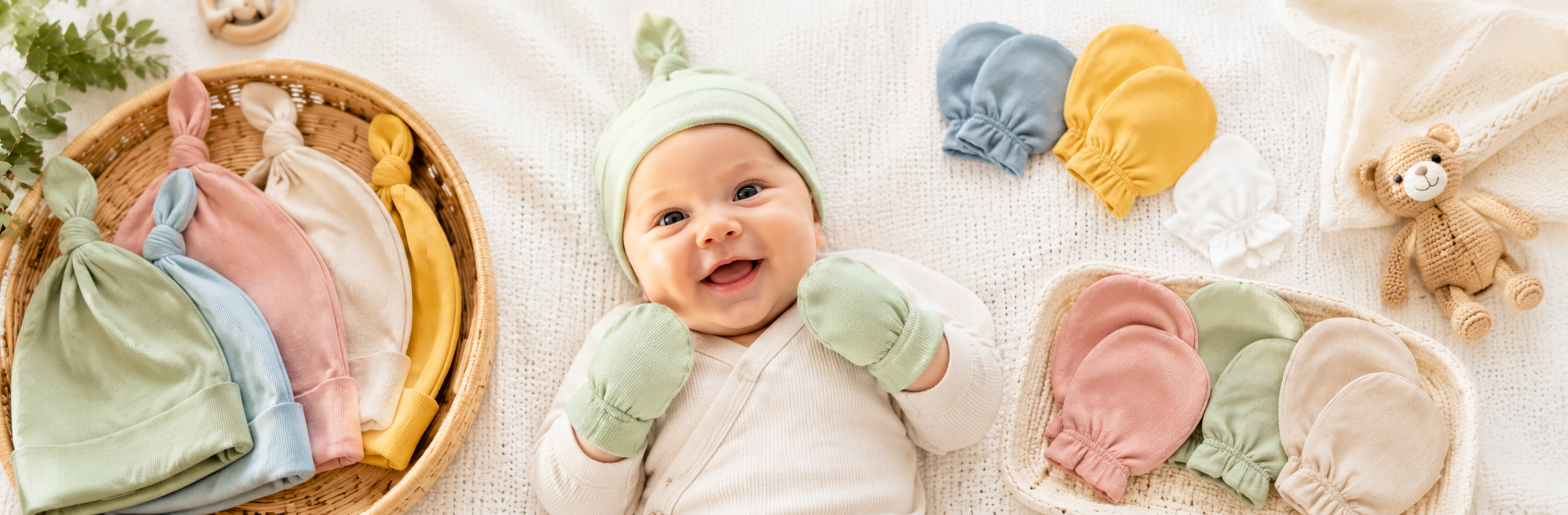 baby mittens for hands reduce scratching, baby smiling with baby mittens on