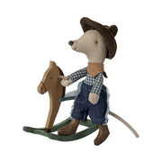 Maileg Little Brother Cowboy Mouse on Rocking Horse