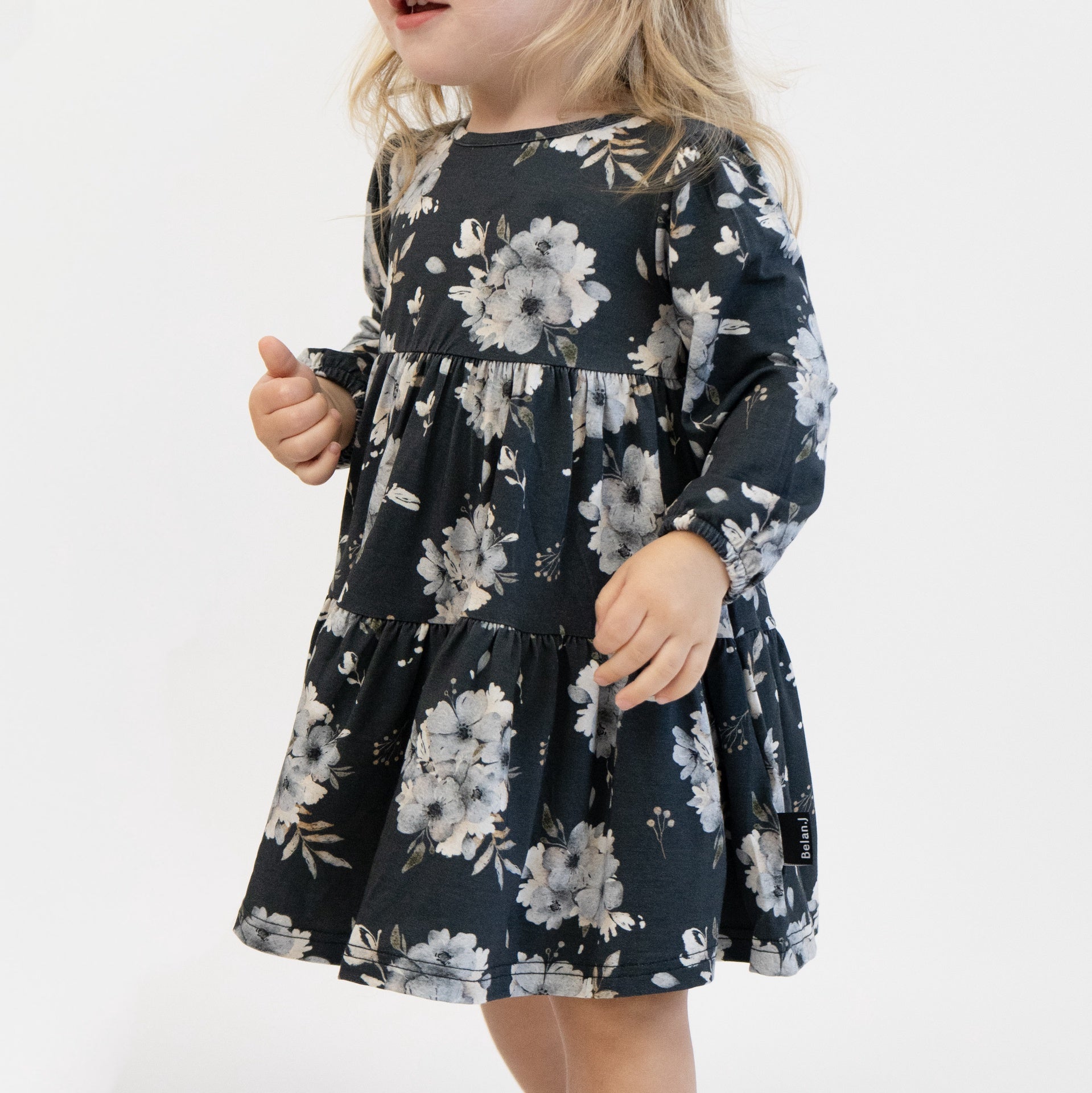 Long Sleeve Tiered Dress - Dark Floral
