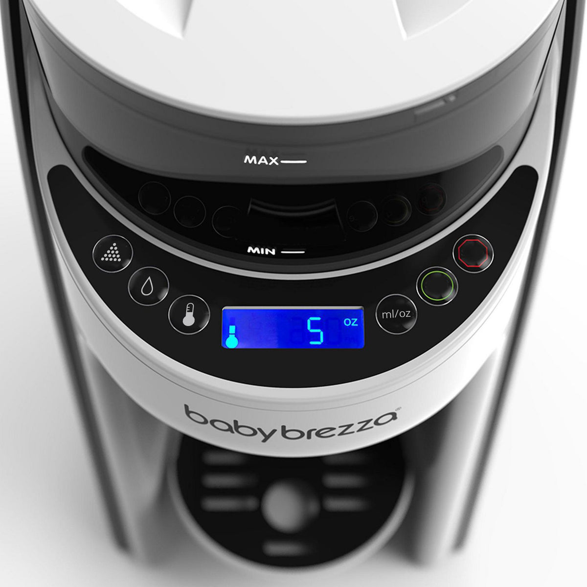 Baby bottle warmer with digital display on a white background, branded 'babybrezza'.