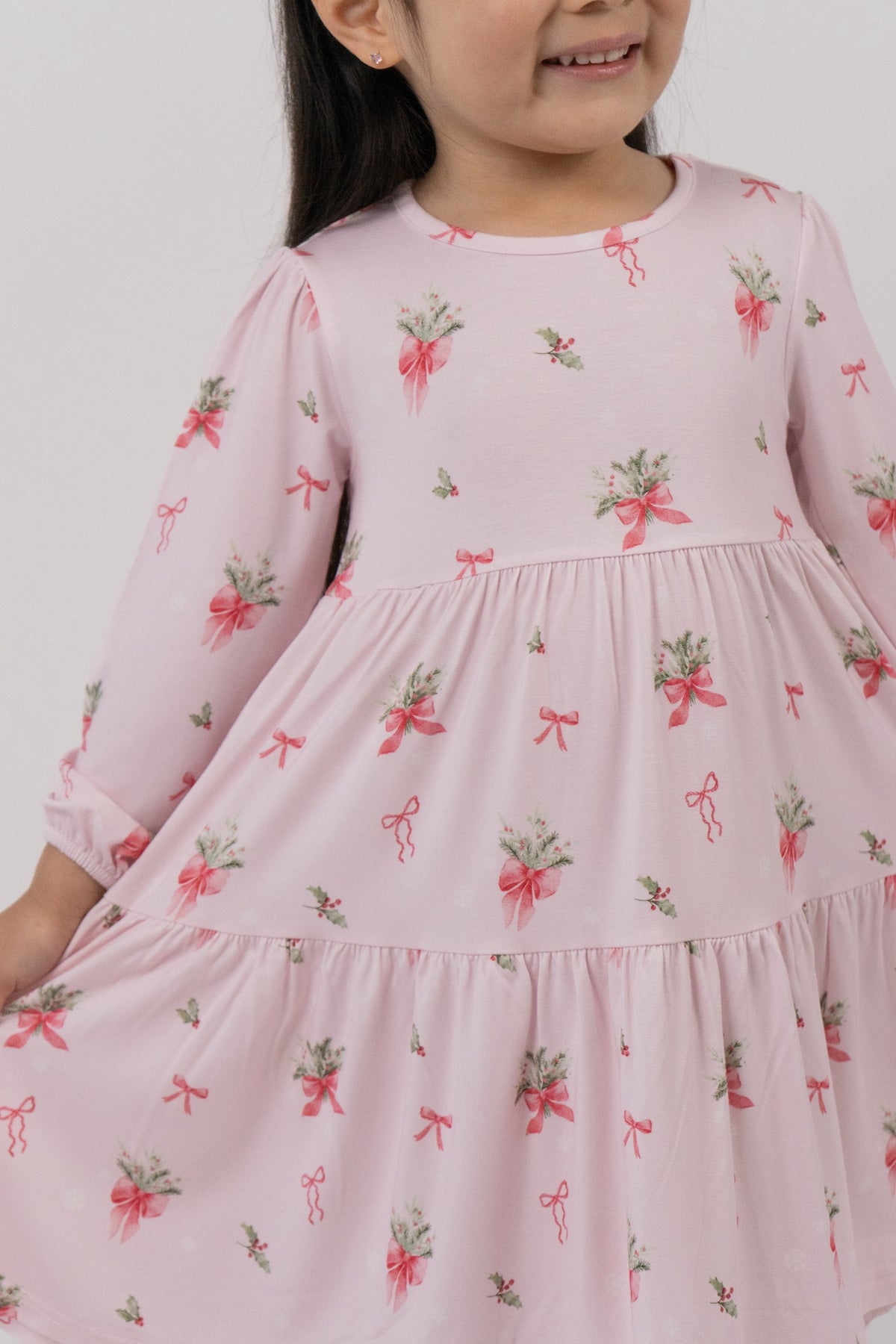 L/S Tiered Dress - Pink Bows