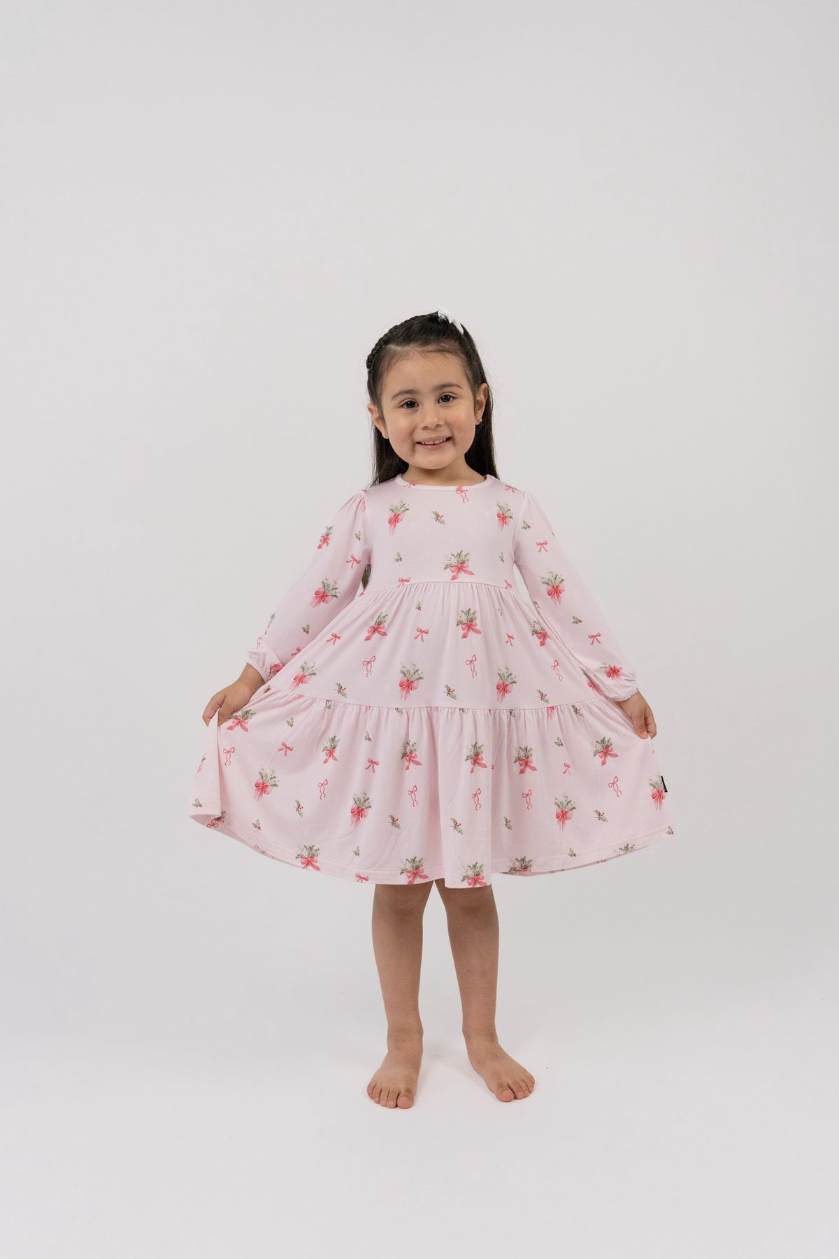 L/S Tiered Dress - Pink Bows