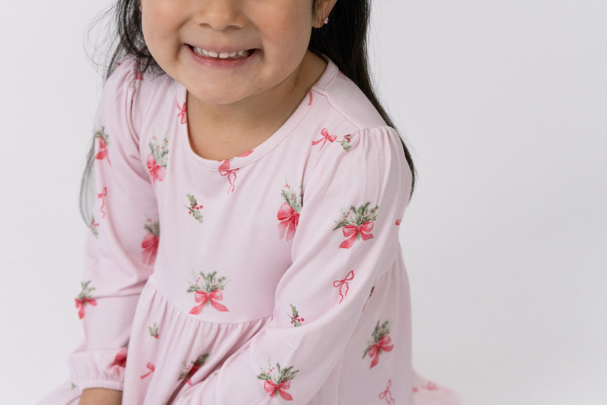 L/S Tiered Dress - Pink Bows