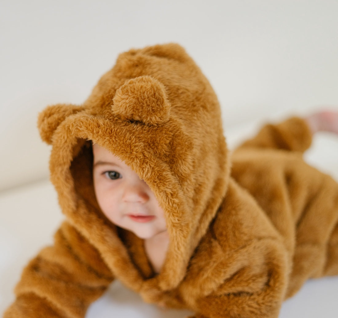 Fuzzy Fleece Hooded Jumpsuit - Teddy Bear