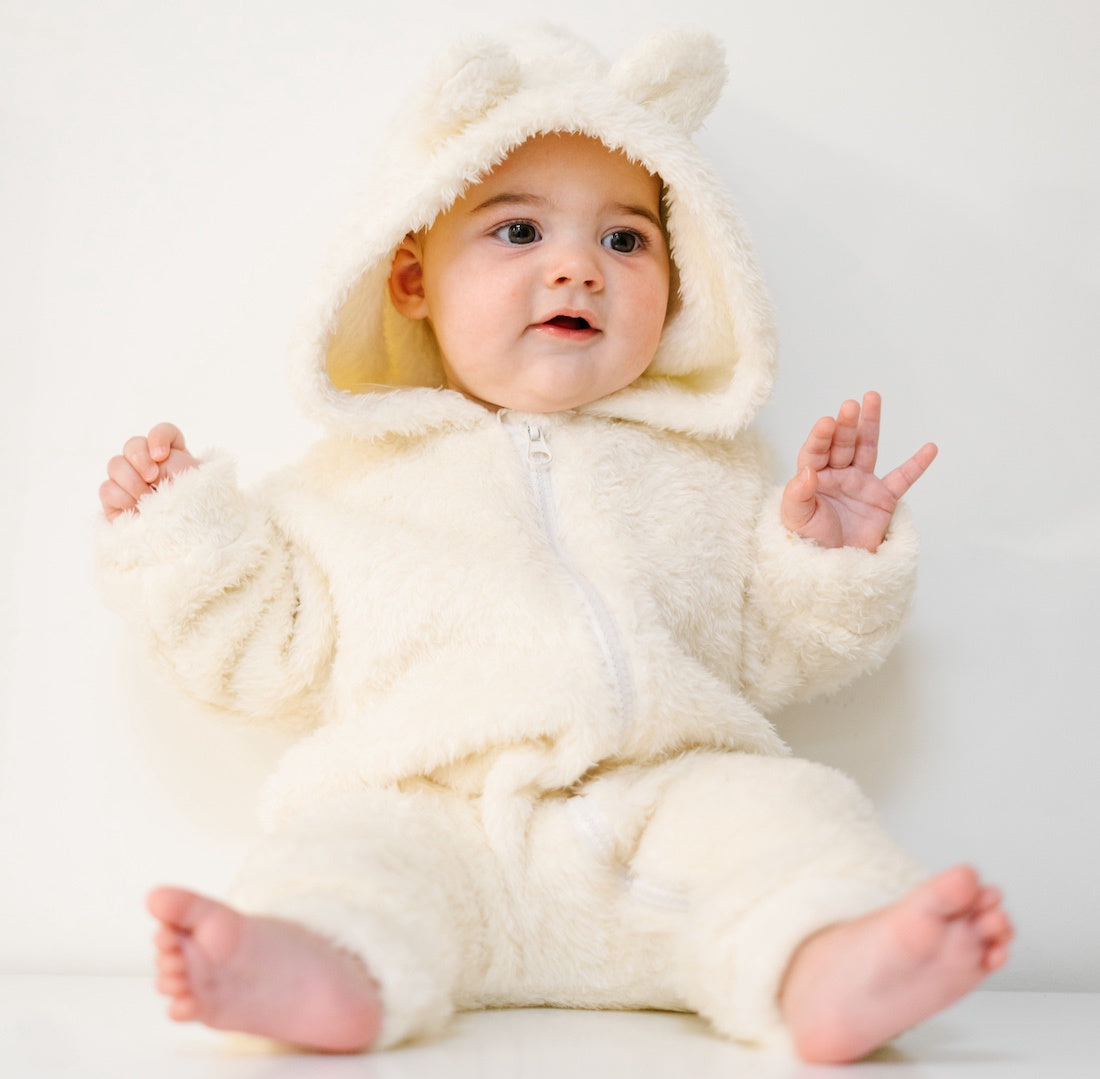 Fuzzy Fleece Hooded Jumpsuit - Polar Bear