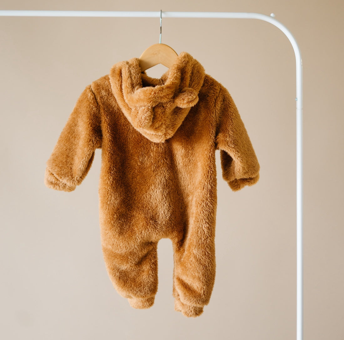 Fuzzy Fleece Hooded Jumpsuit - Teddy Bear