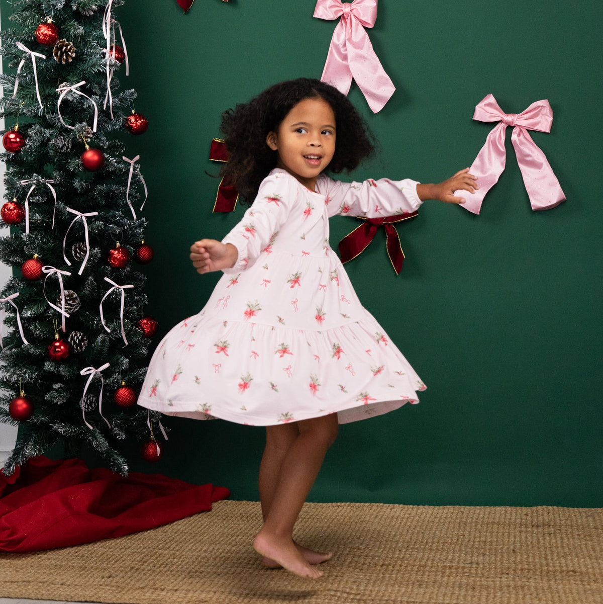 L/S Tiered Dress - Pink Bows