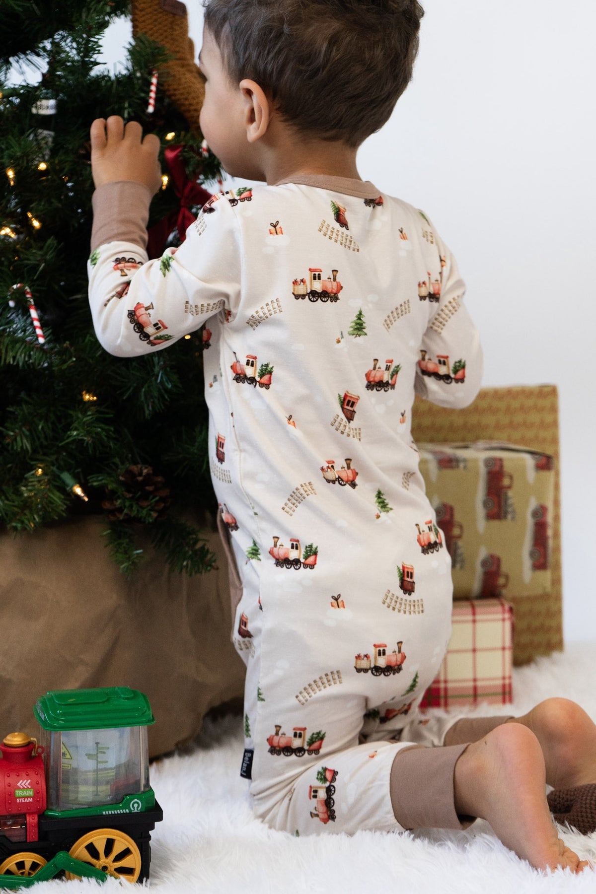 L/S Pocket Romper - Christmas Train (w/ Hazel trim)