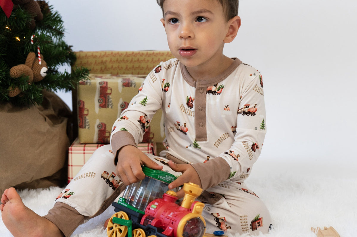 L/S Pocket Romper - Christmas Train (w/ Hazel trim)
