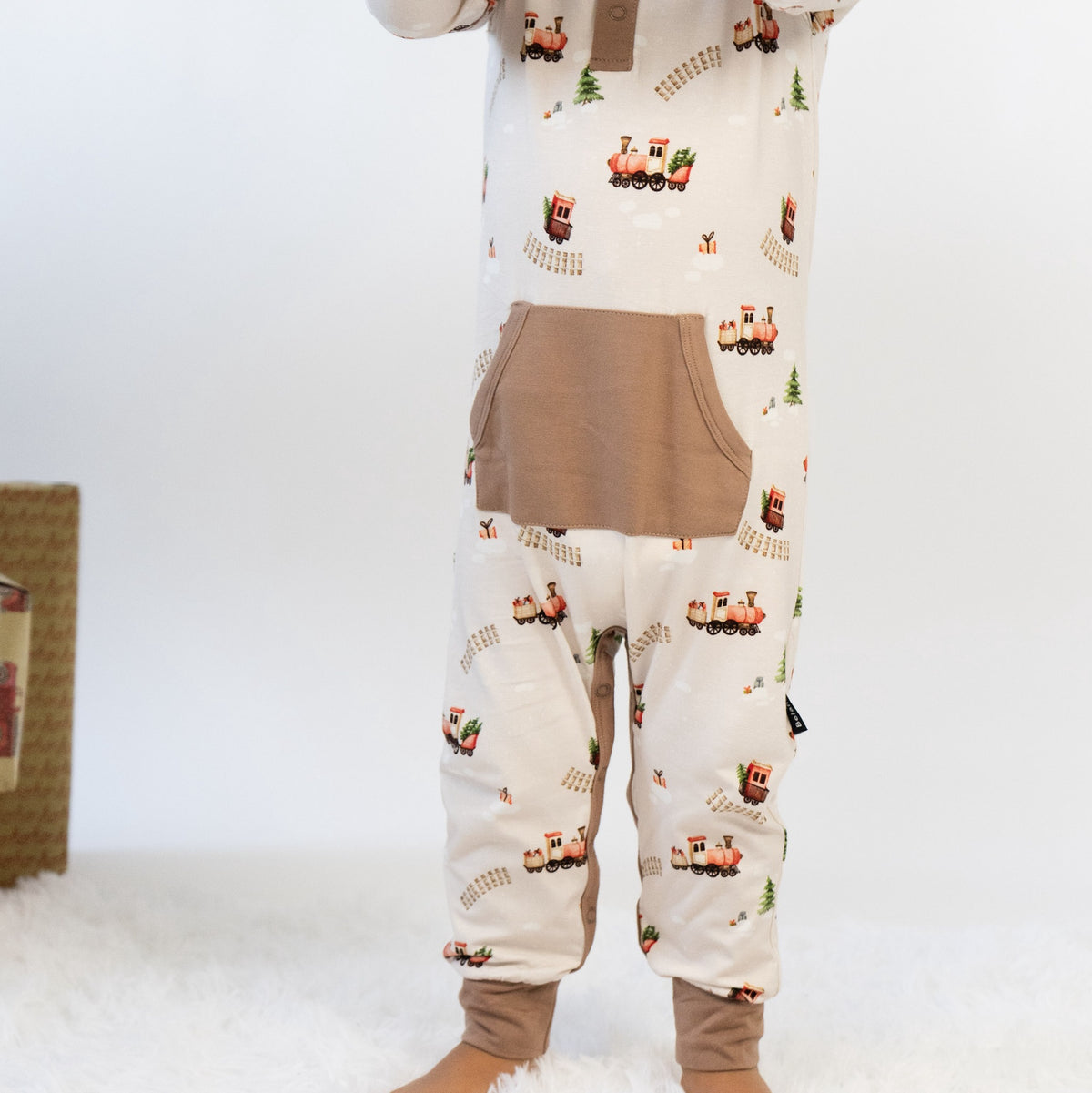 L/S Pocket Romper - Christmas Train (w/ Hazel trim)