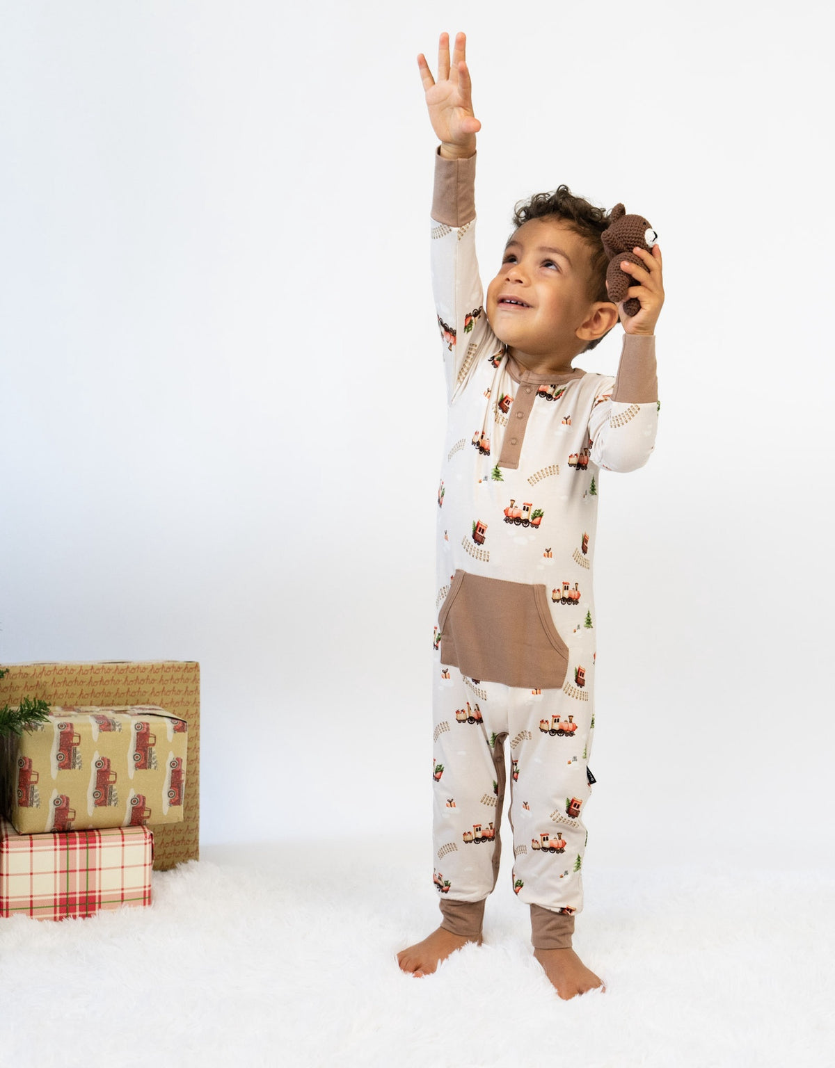 L/S Pocket Romper - Christmas Train (w/ Hazel trim)