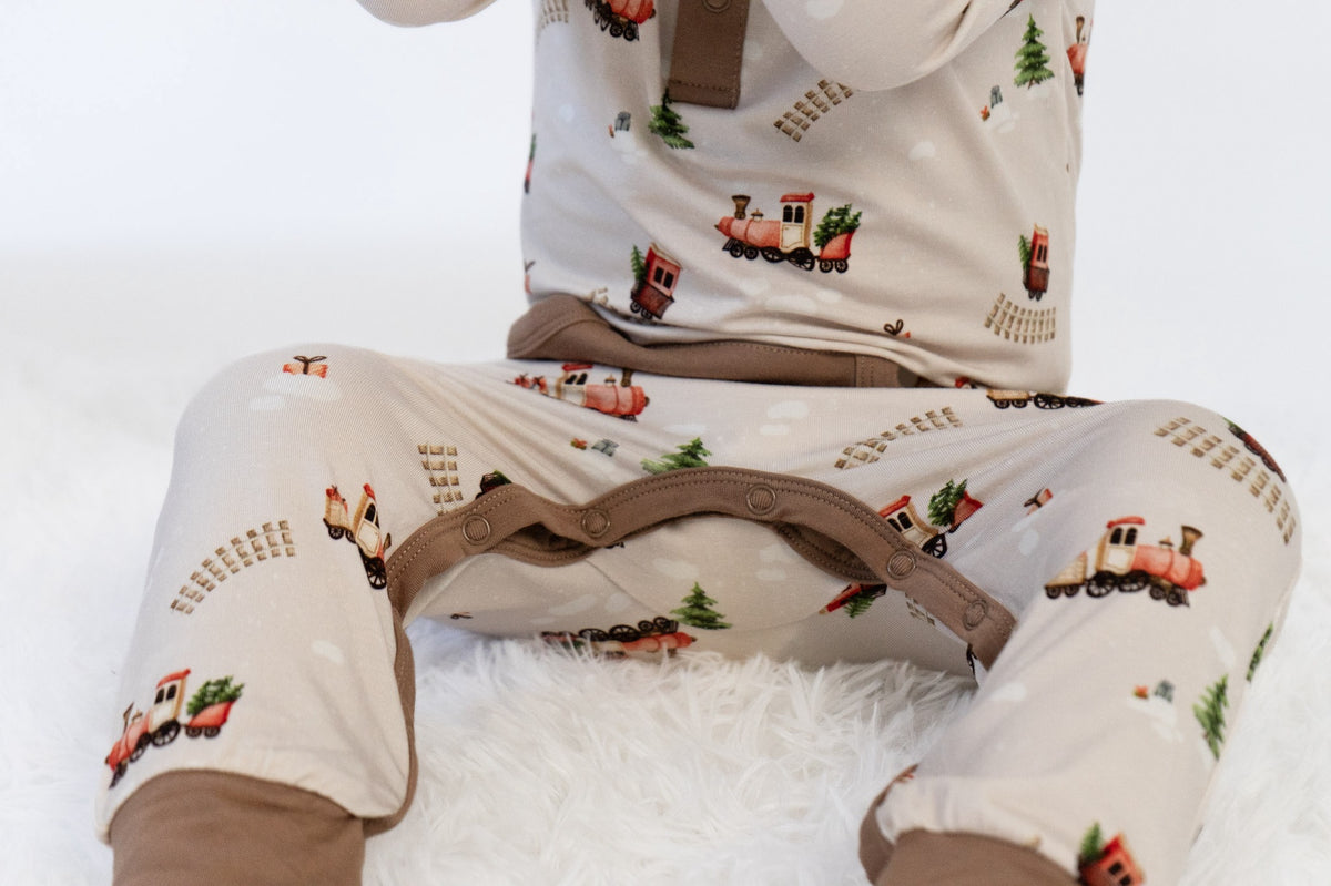 L/S Pocket Romper - Christmas Train (w/ Hazel trim)