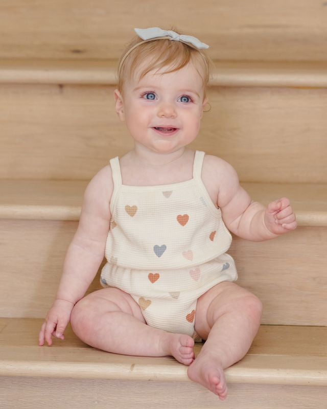 Quincy Mae Waffle Cinch Romper - Confetti Hearts