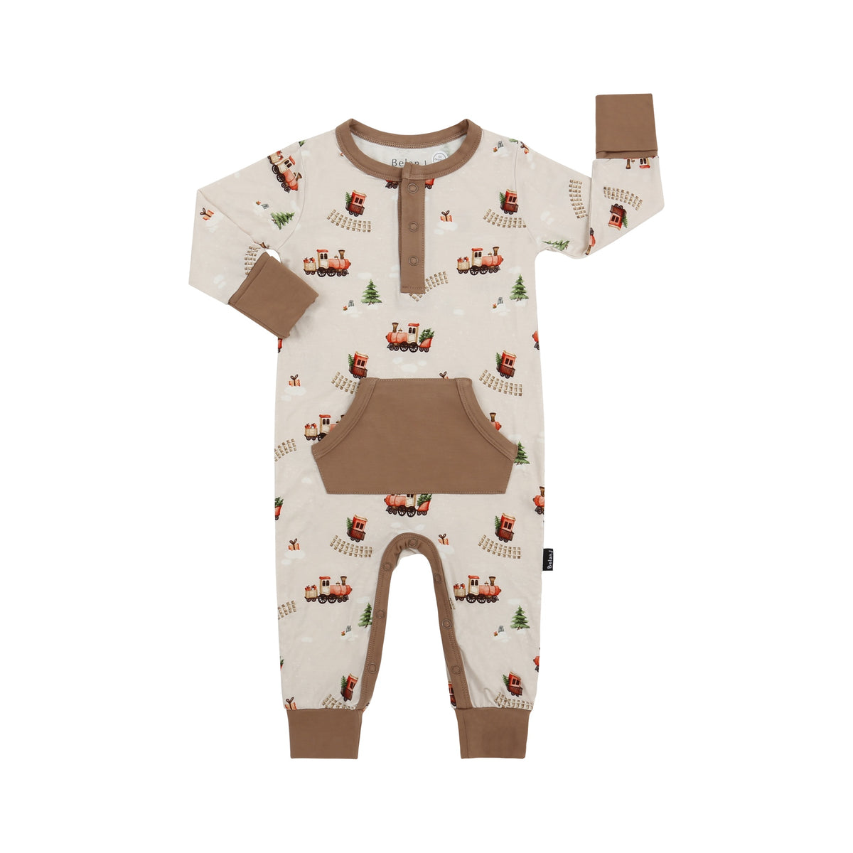 L/S Pocket Romper - Christmas Train (w/ Hazel trim)