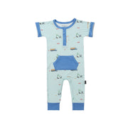 S/S Pocket Romper - Construction / Lake Blue