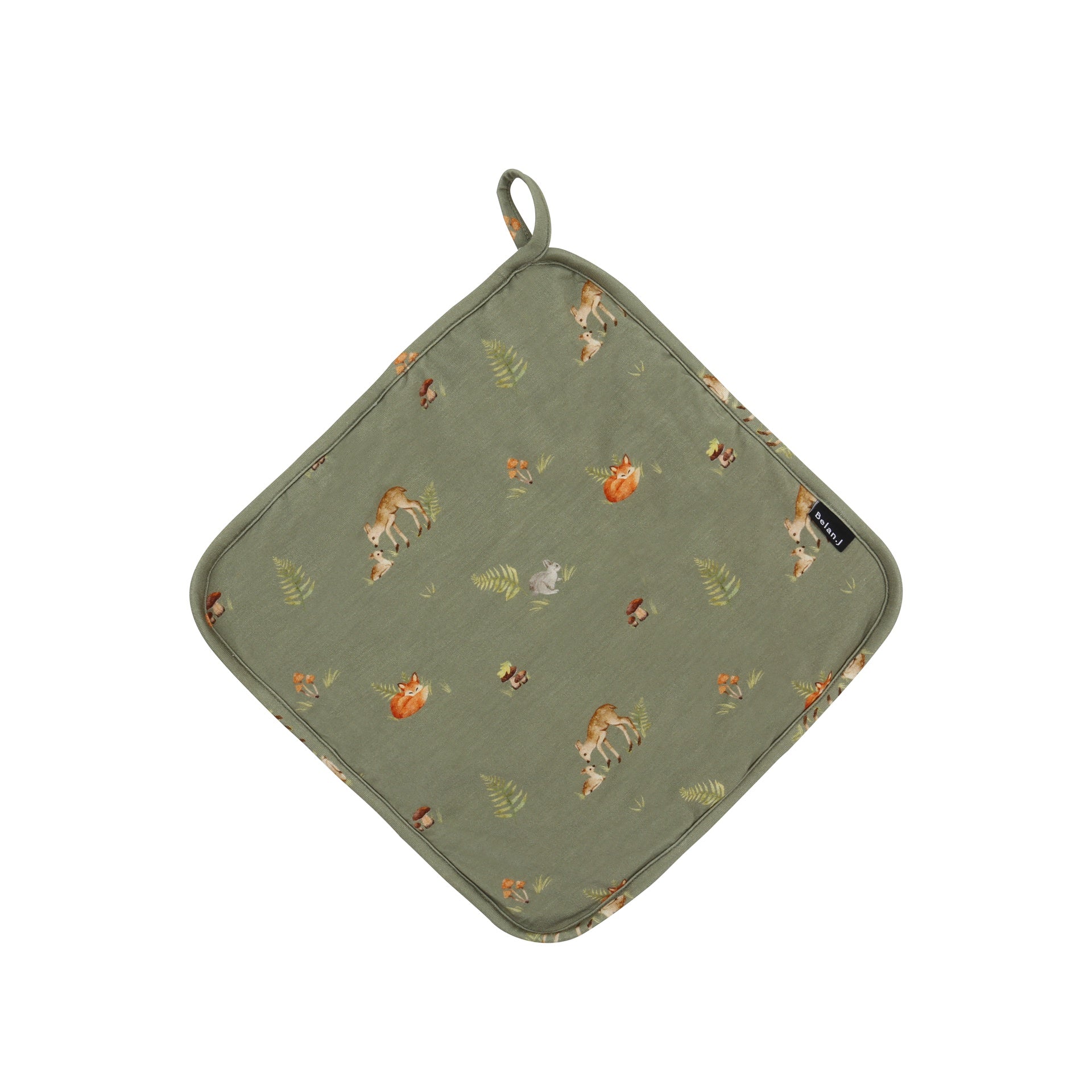 Quilted Lovey (w/ Wooden Teether) - Forest Friends / Ribbed Olive Green