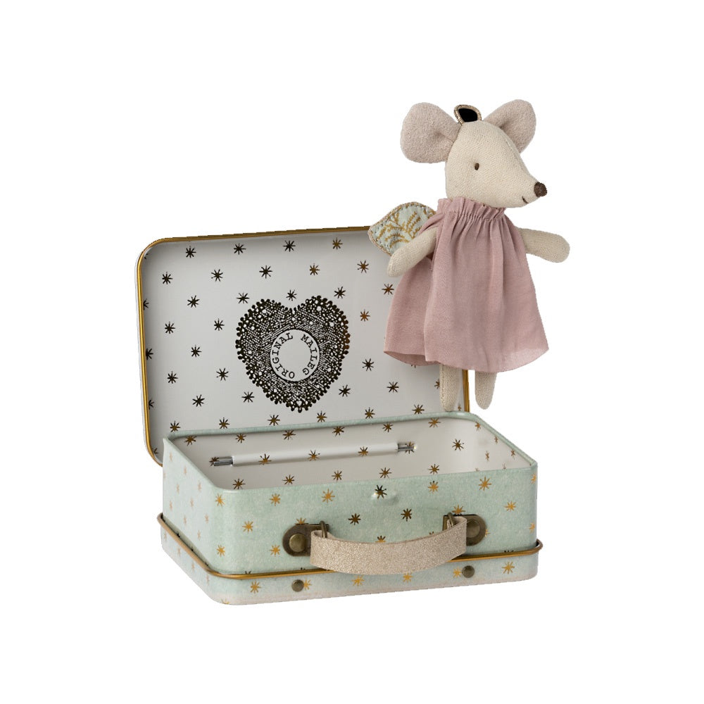 Maileg Little Sister Angel Mouse in Suitcase