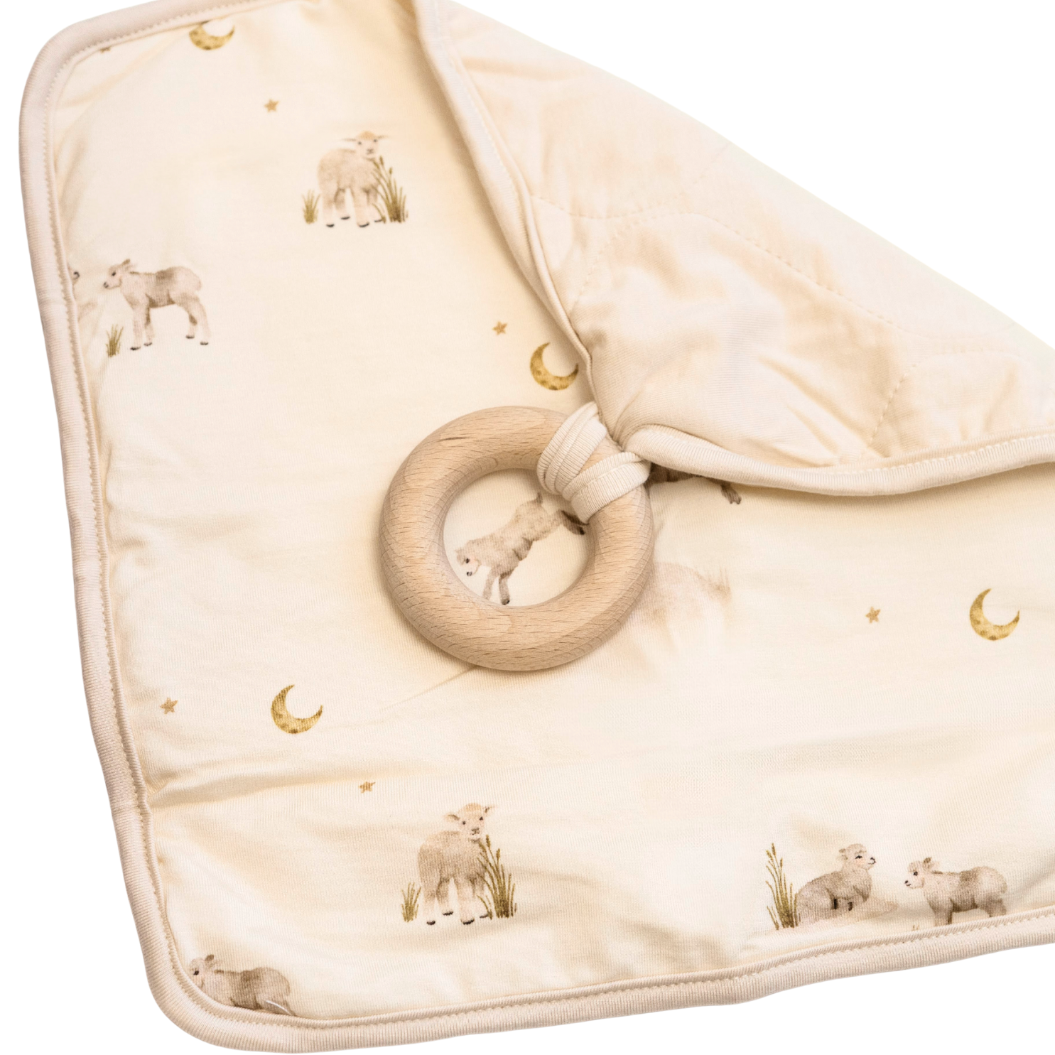 2 Layers Lovey - Little Lambs / White with Wooden Teether