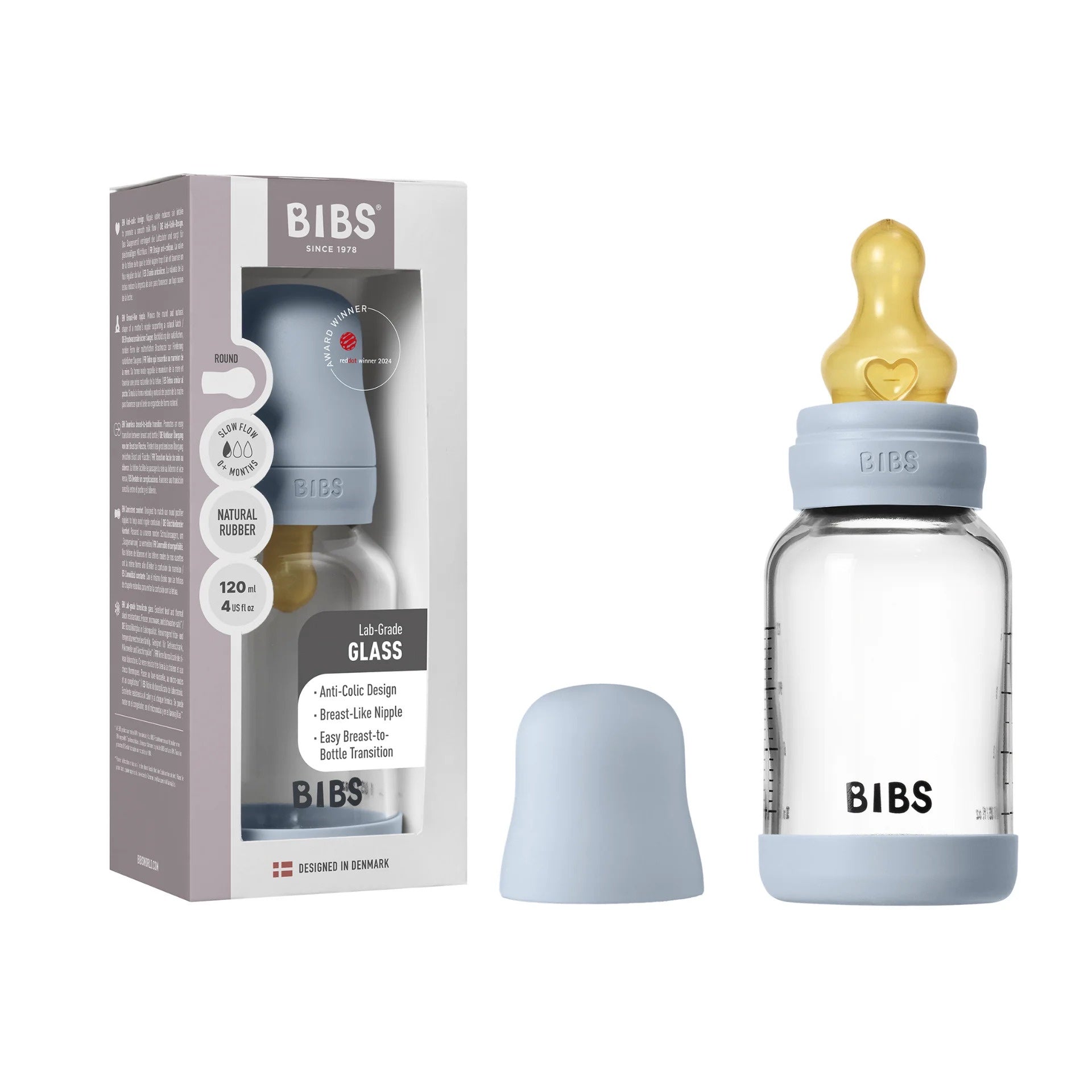 BIBS Baby Glass Bottle Latex - Baby Blue 120ml