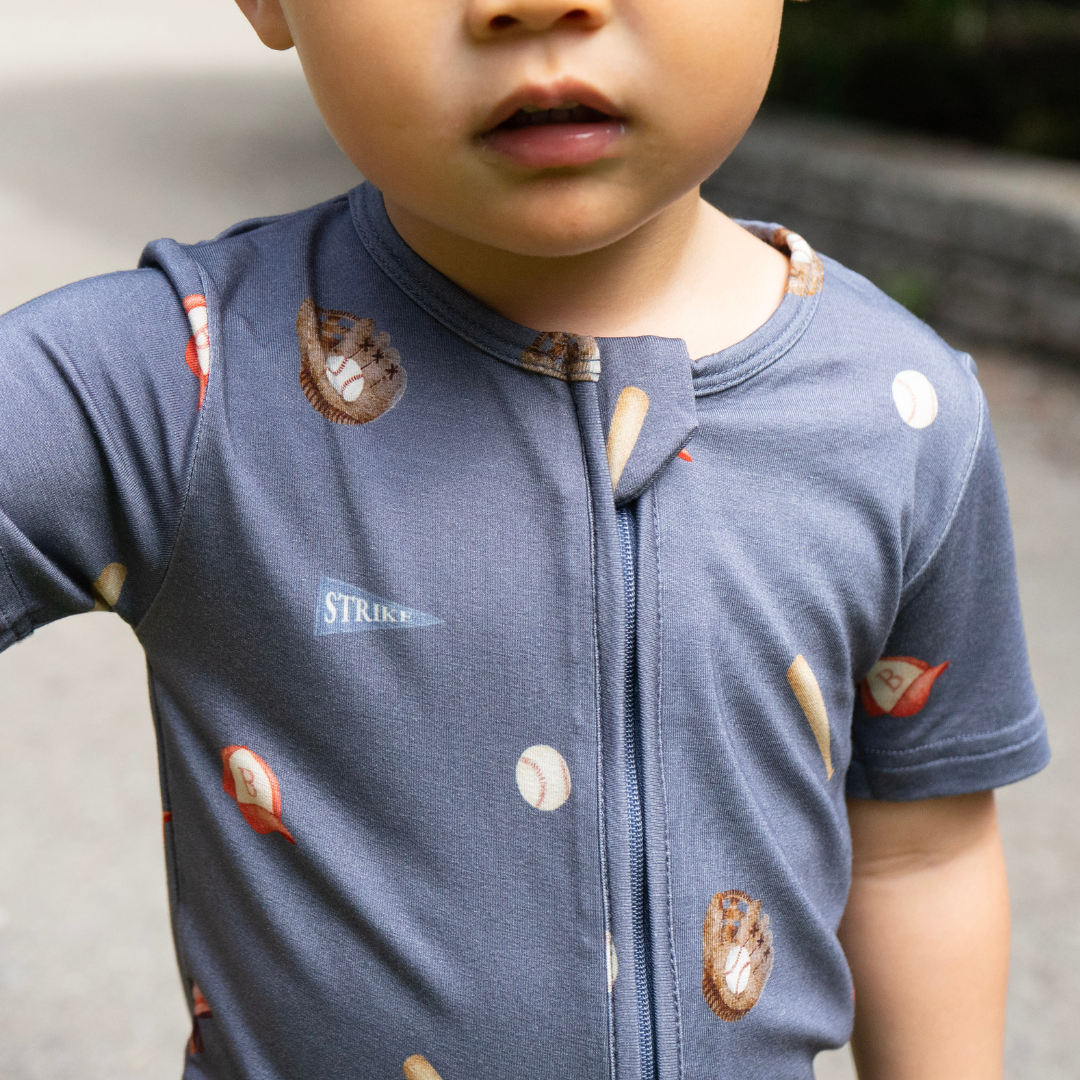 Short Sleeve Zipper Romper - Baseball