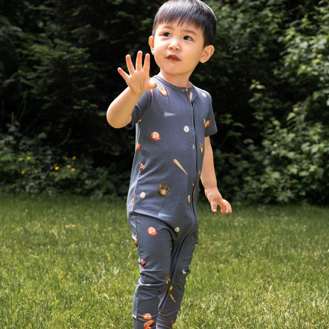 Short Sleeve Zipper Romper - Baseball