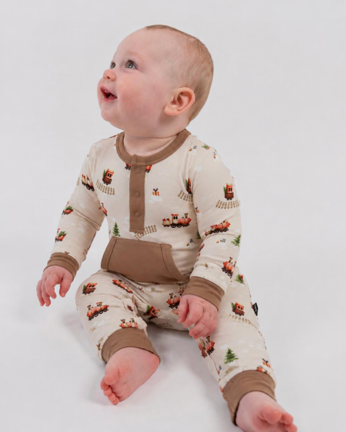 L/S Pocket Romper - Christmas Train (w/ Hazel trim)
