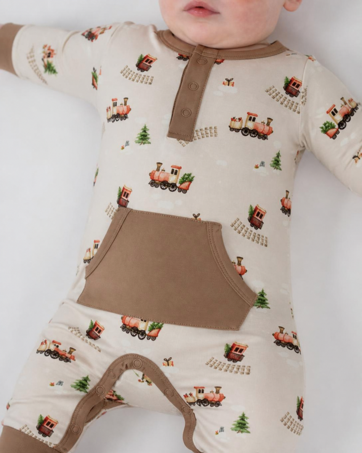 L/S Pocket Romper - Christmas Train (w/ Hazel trim)