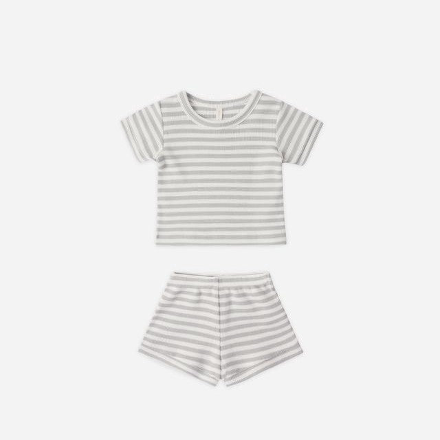 Quincy Mae Waffle Shortie Set - Sage Stripe