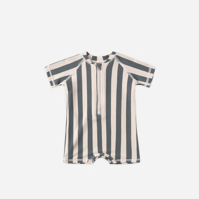 Quincy Mae Zip Rashguard One-Piece - Retro Ocean Stripe