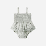 Quincy Mae Smocked Skirted Romper - Sage Gingham