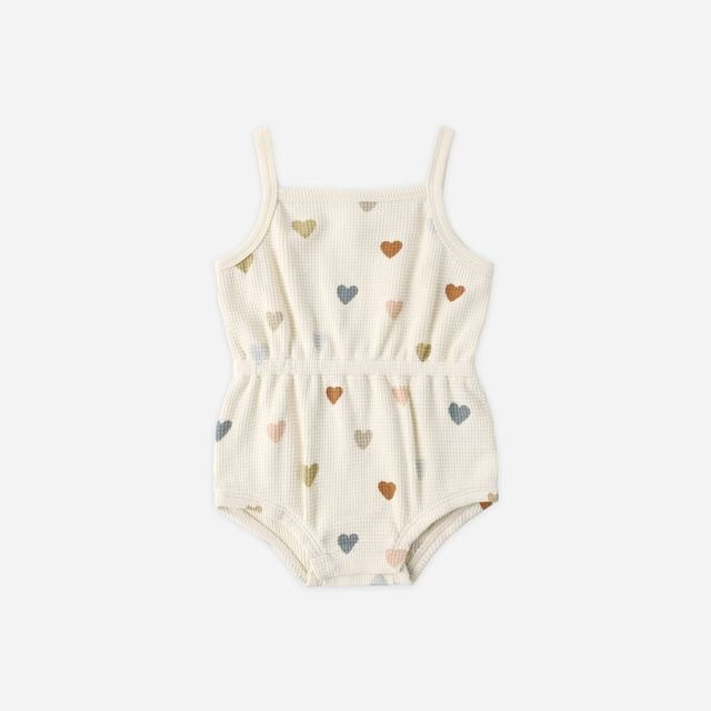 Quincy Mae Waffle Cinch Romper - Confetti Hearts