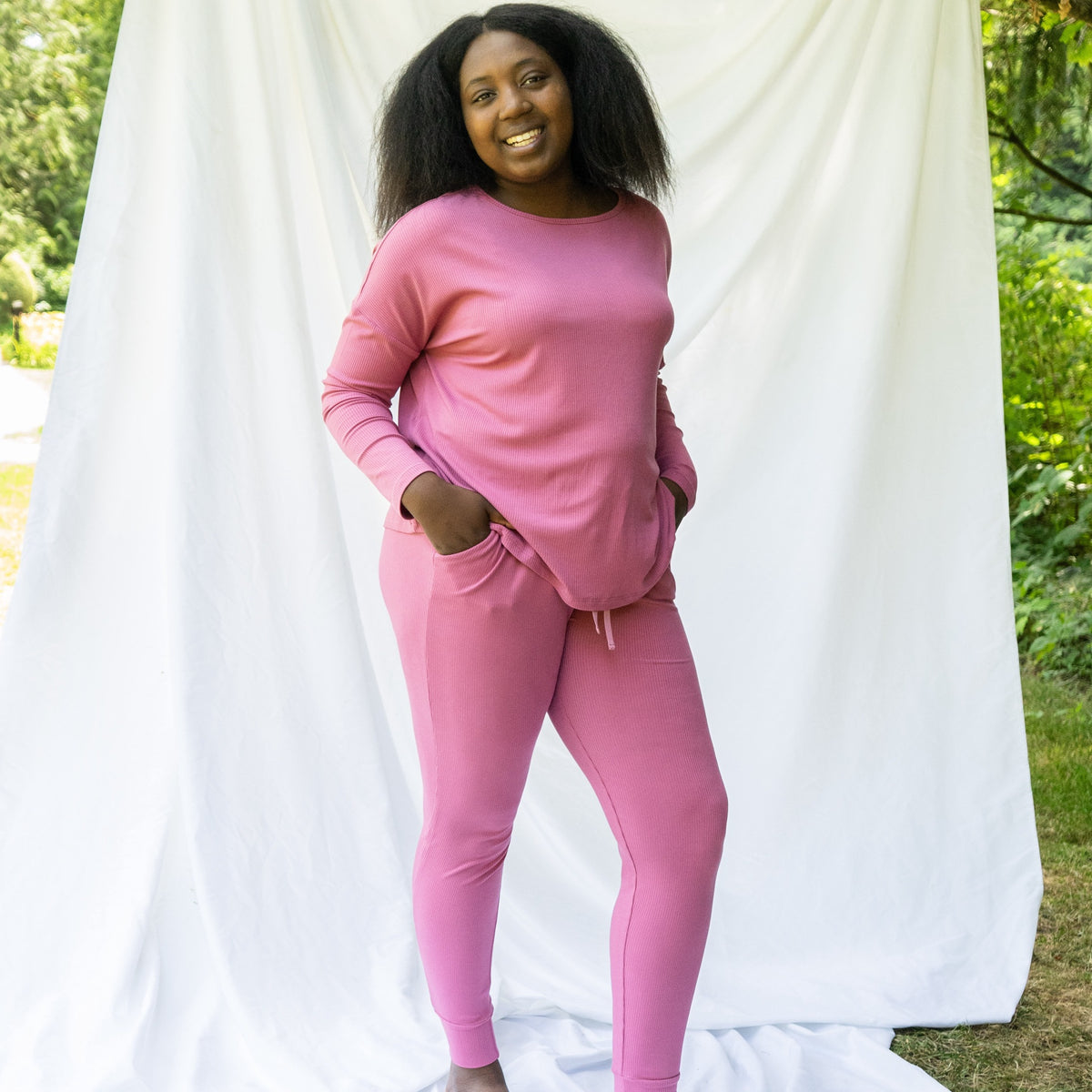 Ribbed Bamboo Women's L/S PJ Set - Rosewood