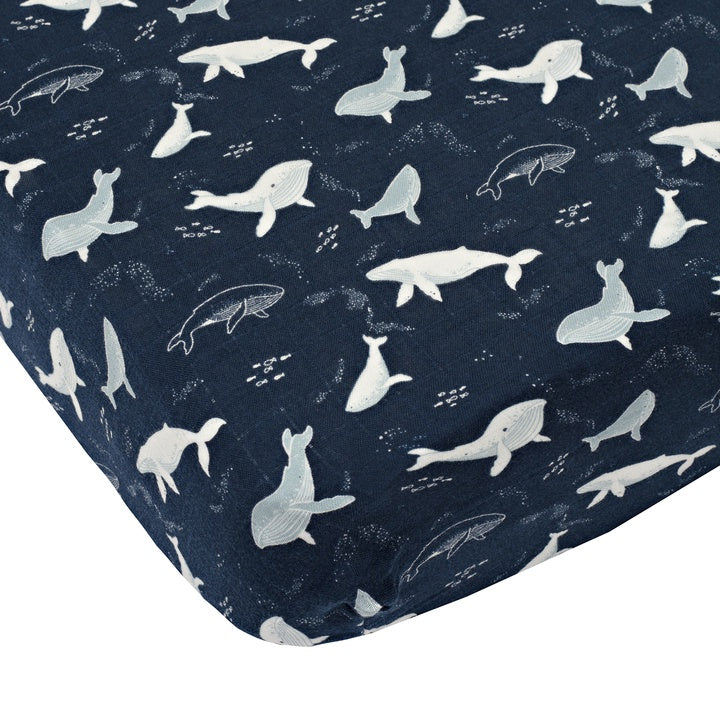 Loulou Lollipop Muslin Fitted Crib Sheet - Blue Whales