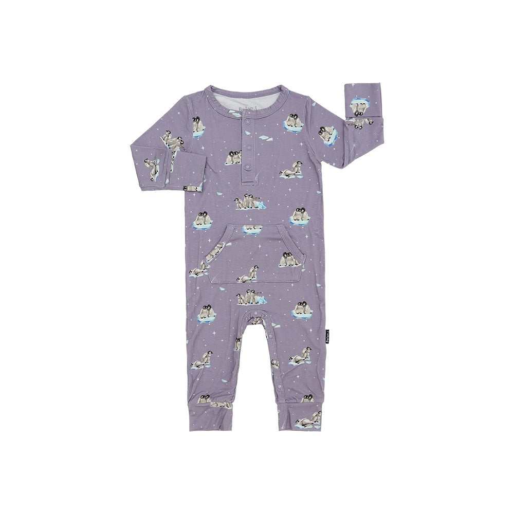 Long Sleeves Pocket Romper - Penguins (Periwinkle)