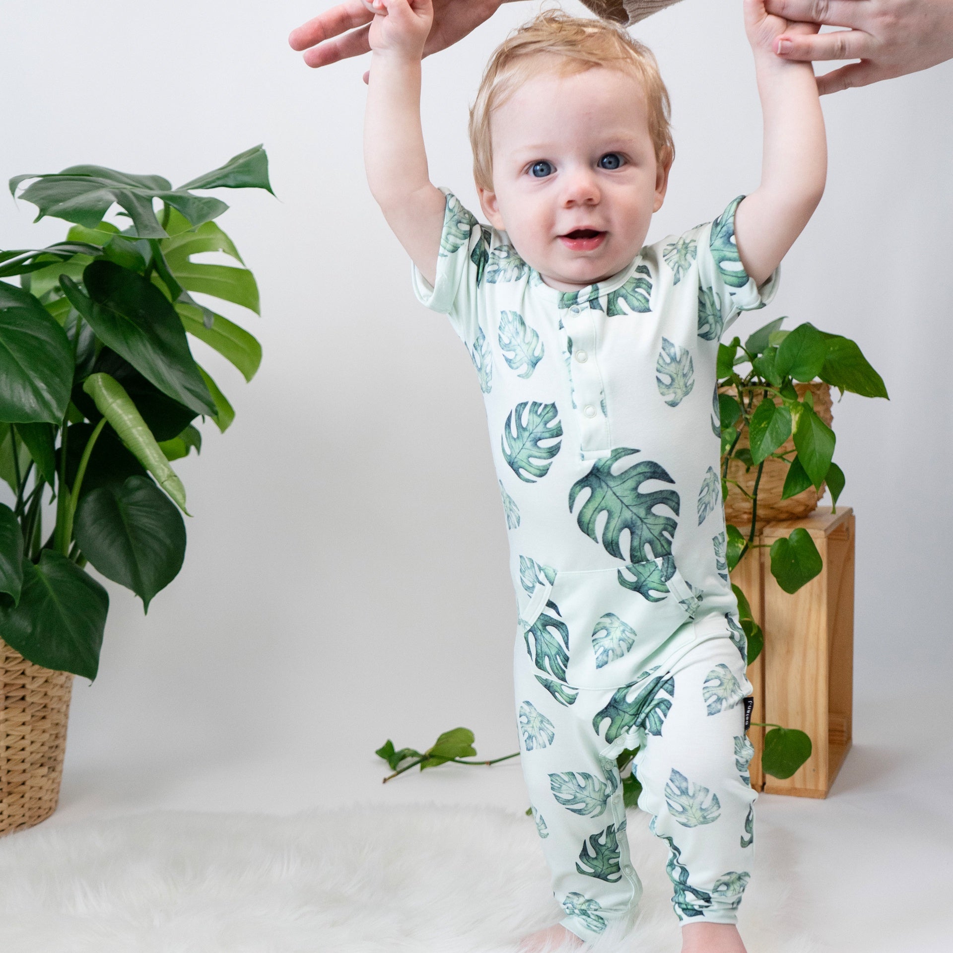 Short Sleeve Pocket Romper - Tropical Leaves