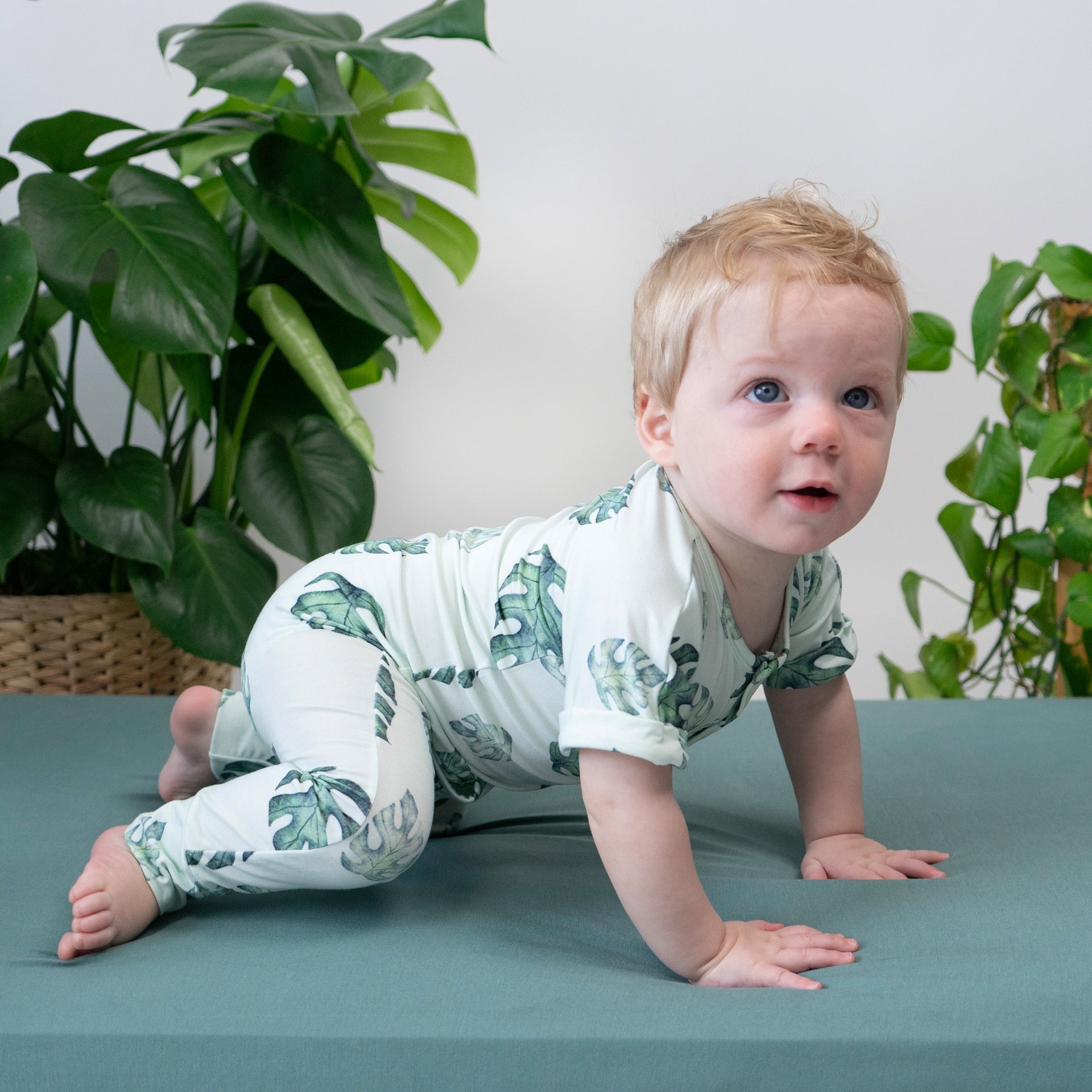 Short Sleeve Pocket Romper - Tropical Leaves