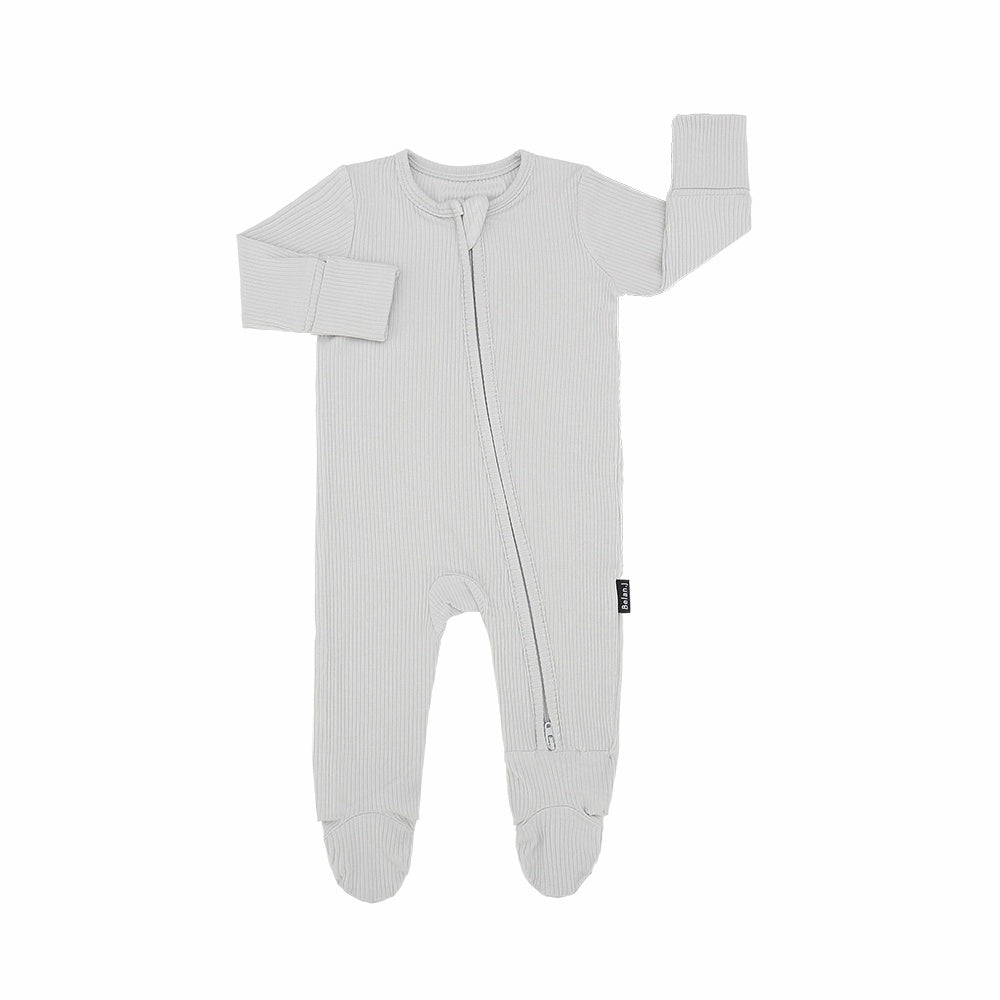 Ribbed Bamboo Footed Zipper Sleeper - Silver Cloud