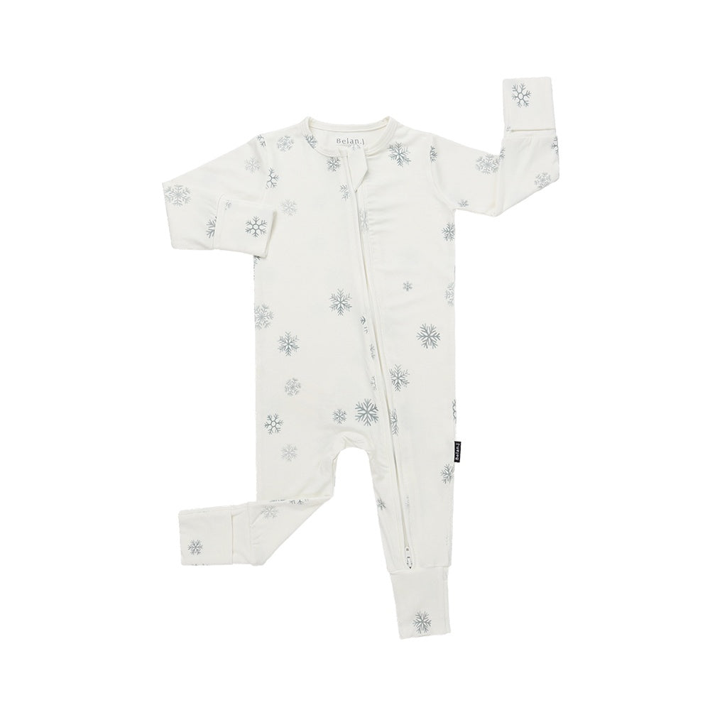 Footless Sleeper with Fold-over Cuffs - White Snowflakes